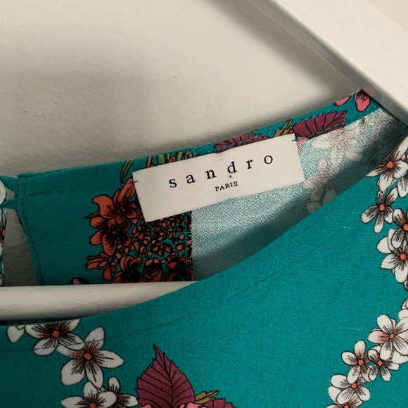 Sandro Teal Cold Shoulder Floral Print Blouse - Picture 7 of 11